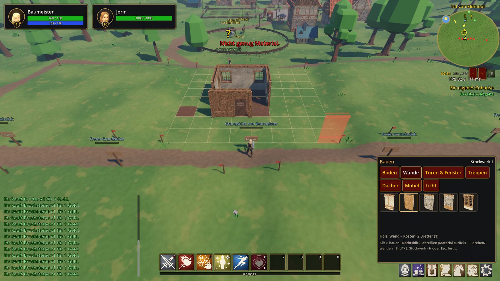 Build mode on a player plot with floor, walls and the build bar